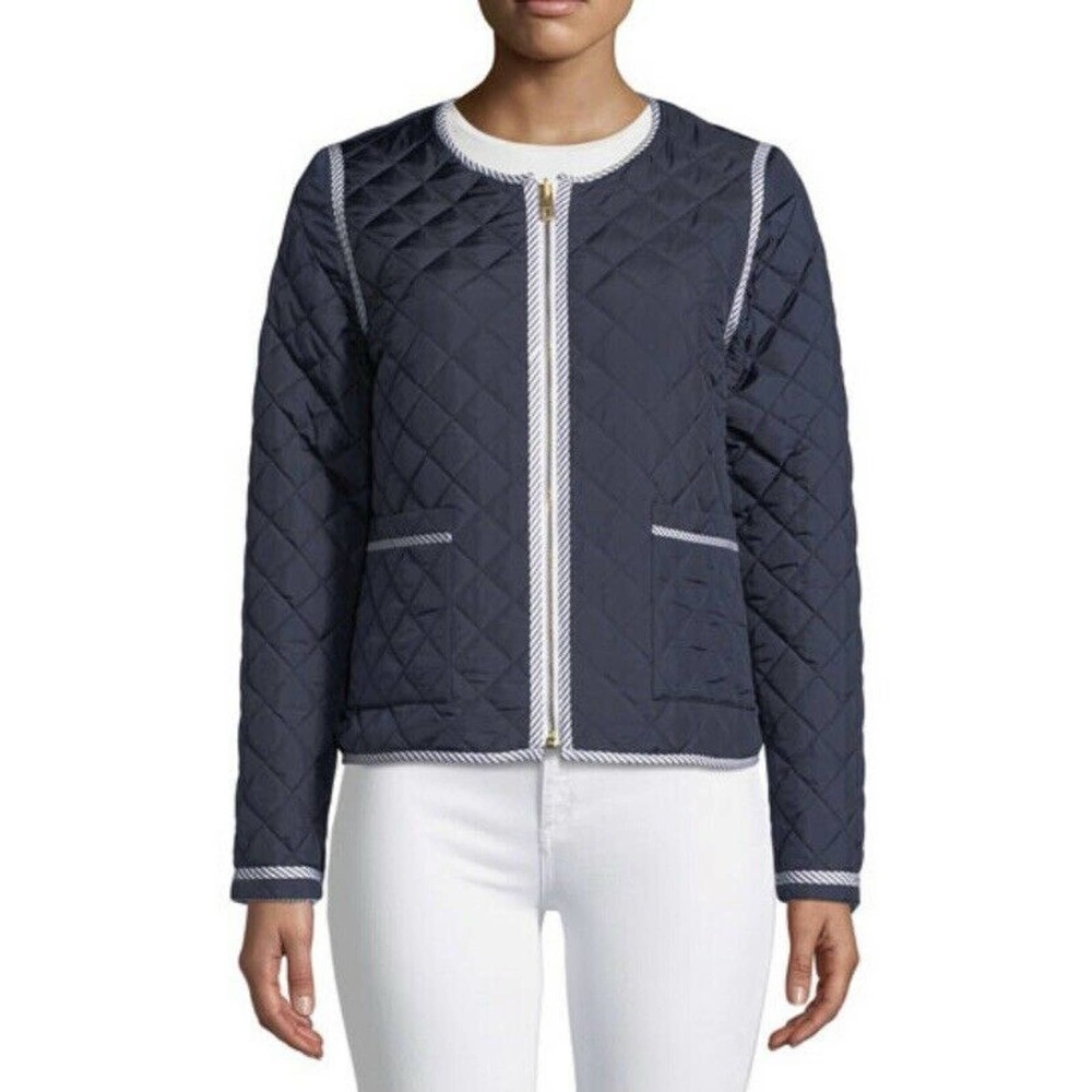 New! TORY BURCH Petra Zip Reversible Jacket XXS Navy/Stripes, gold accents -NWOT